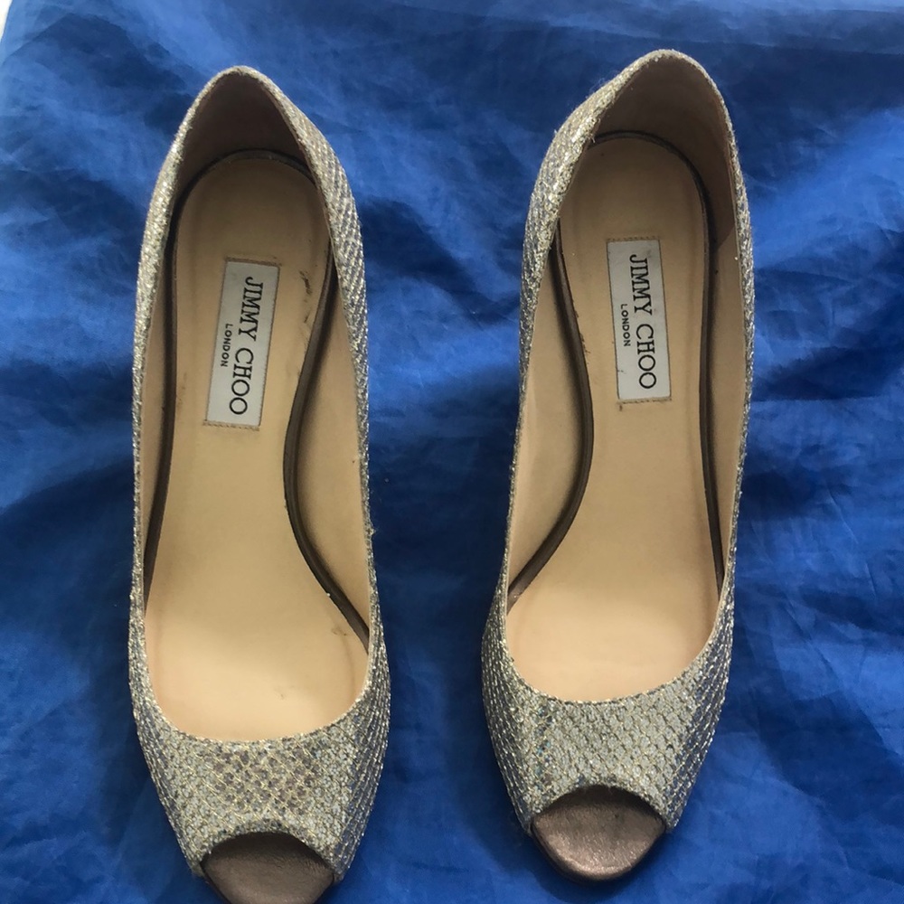 Jimmy choo silver textured peekaboo toe heels